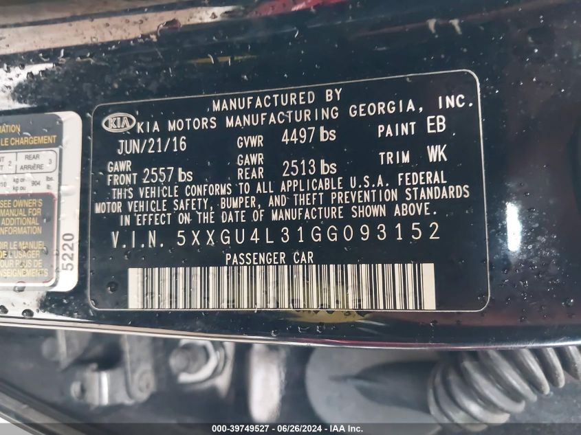 2016 Kia Optima Ex VIN: 5XXGU4L31GG093152 Lot: 39749527