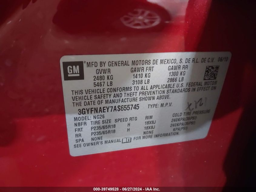 2010 Cadillac Srx Luxury Collection VIN: 3GYFNAEY7AS655745 Lot: 39749528