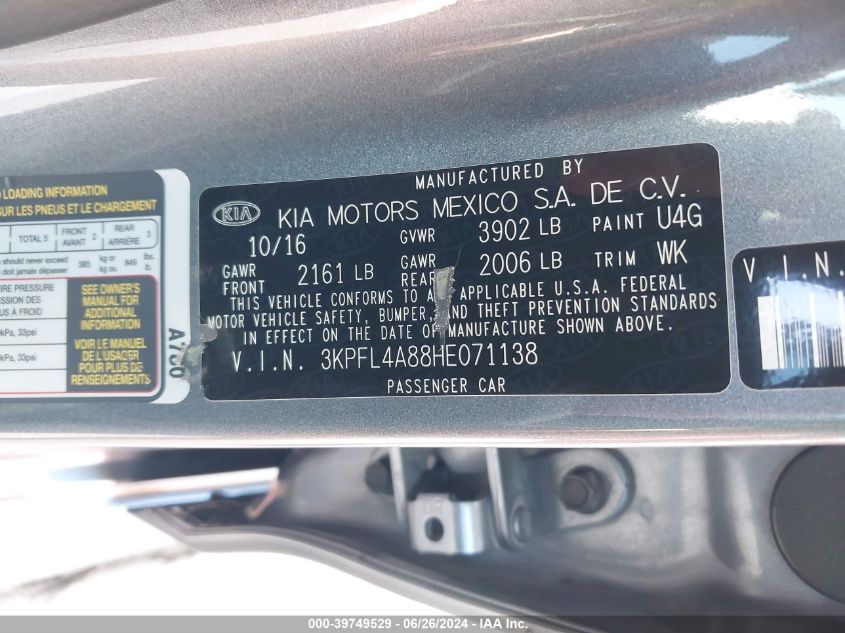 2017 Kia Forte Ex VIN: 3KPFL4A88HE071138 Lot: 39749529