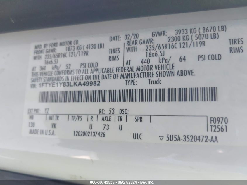2020 Ford Transit T-150 VIN: 1FTYE1Y83LKA49982 Lot: 39749539