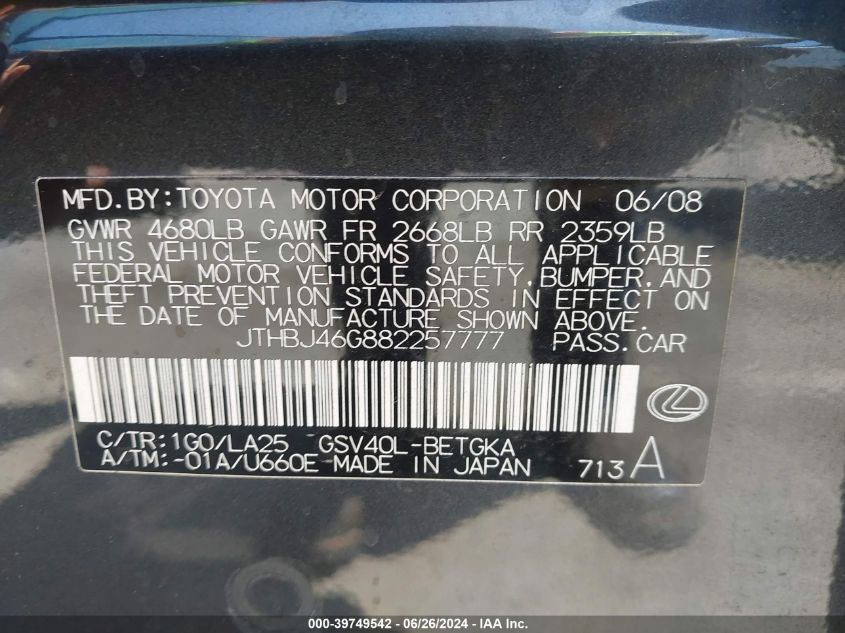 JTHBJ46G882257777 2008 Lexus Es 350