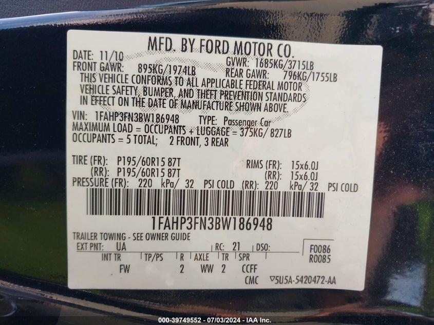 2011 Ford Focus Se VIN: 1FAHP3FN3BW186948 Lot: 39749552