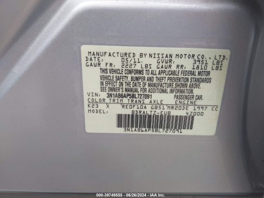 2011 Nissan Sentra 2.0Sr VIN: 3N1AB6AP5BL727091 Lot: 39749555