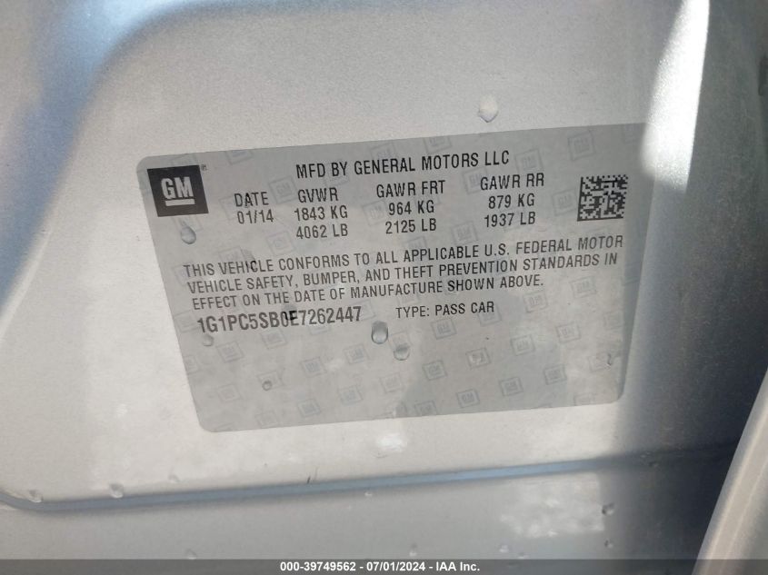 2014 Chevrolet Cruze 1Lt Auto VIN: 1G1PC5SB0E7262447 Lot: 39749562