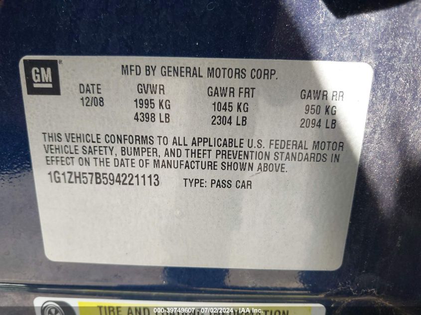 2009 Chevrolet Malibu Lt VIN: 1G1ZH57B594221113 Lot: 39749607