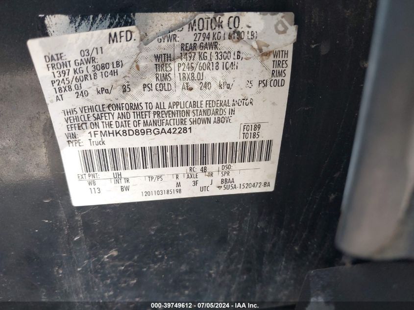 2011 Ford Explorer Xlt VIN: 1FMHK8D89BGA42281 Lot: 39749612