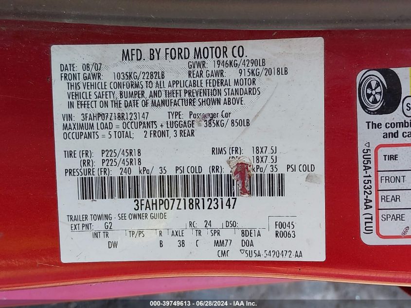 2008 Ford Fusion Se VIN: 3FAHP07Z18R123147 Lot: 39749613