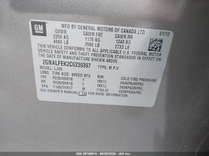 2012 Chevrolet Equinox Ltz VIN: 2GNALFEK2C6239397 Lot: 39749615