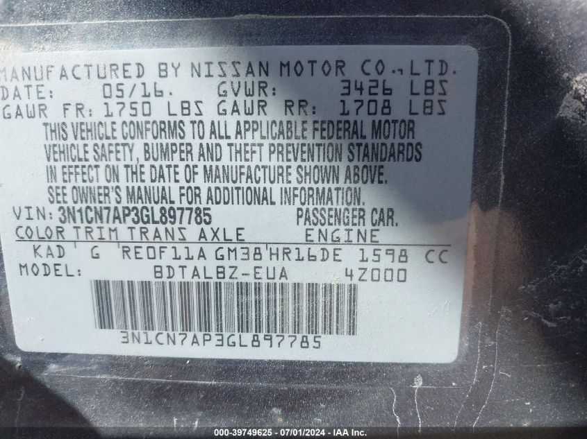 2016 Nissan Versa 1.6 S/1.6 S+/1.6 Sl/1.6 Sv VIN: 3N1CN7AP3GL897785 Lot: 39749625