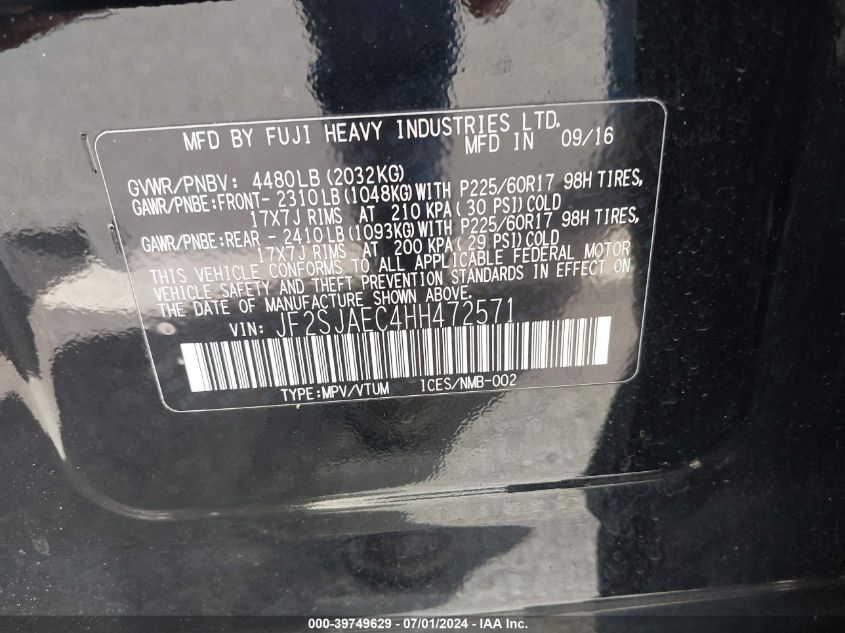 2017 Subaru Forester Premium VIN: JF2SJAEC4HH472571 Lot: 39749629