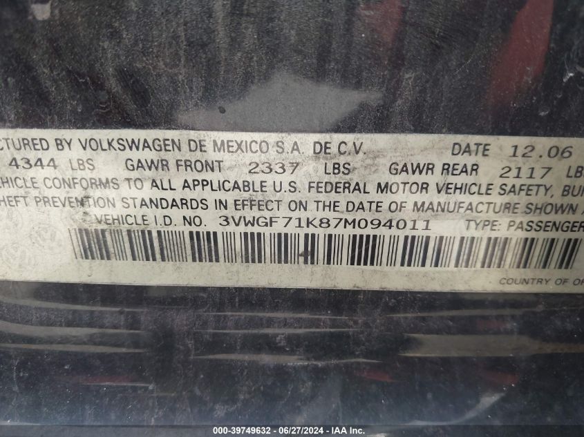 2007 Volkswagen Jetta VIN: 3VWGF71K87M094011 Lot: 39749632