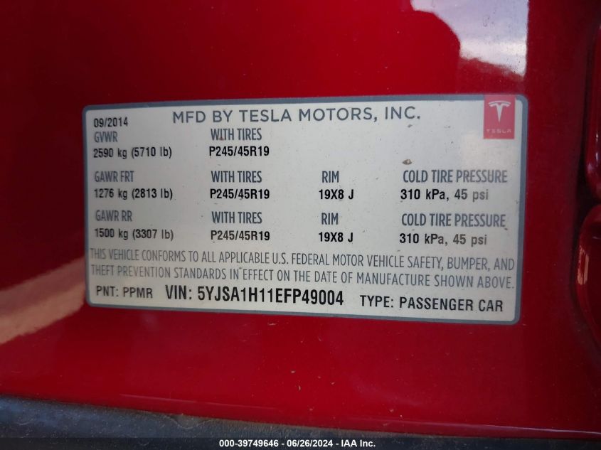 2014 Tesla Model S VIN: 5YJSA1H11EFP49004 Lot: 39749646