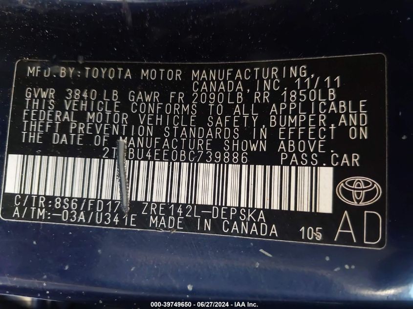 2011 Toyota Corolla S/Le VIN: 2T1BU4EE0BC739886 Lot: 39749650