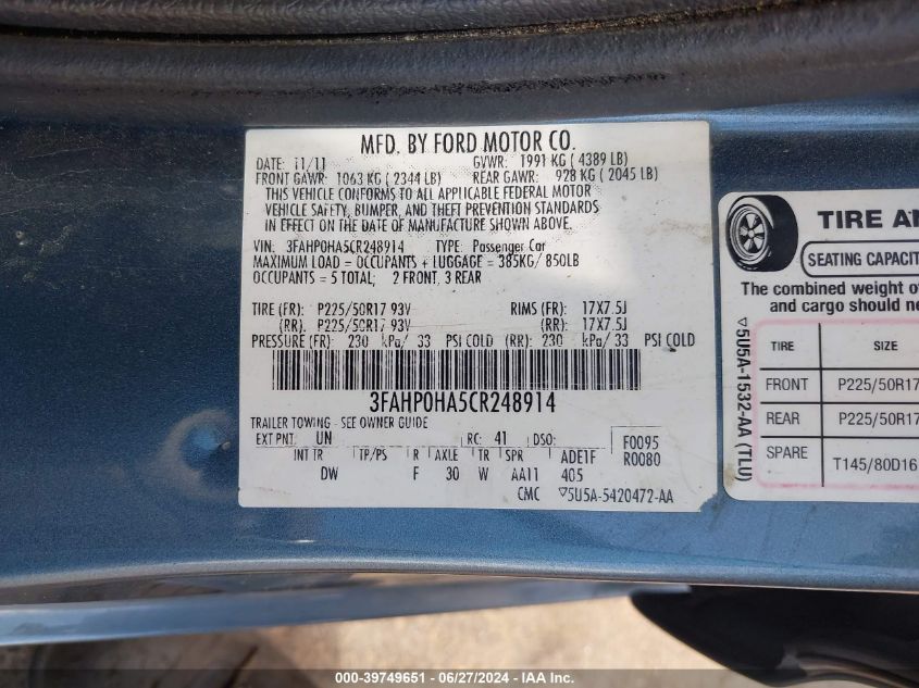 2012 Ford Fusion Se VIN: 3FAHP0HA5CR248914 Lot: 39749651