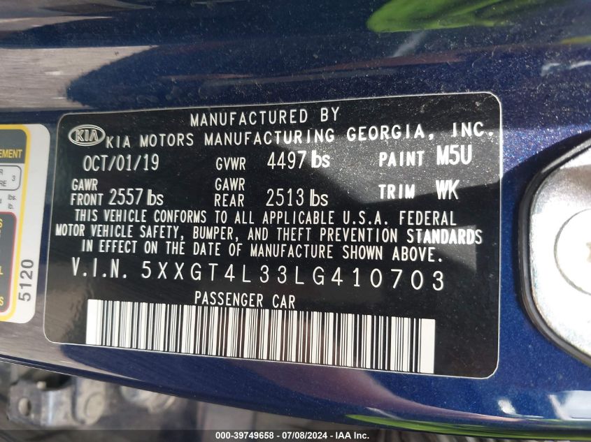 2020 Kia Optima Lx VIN: 5XXGT4L33LG410703 Lot: 39749658