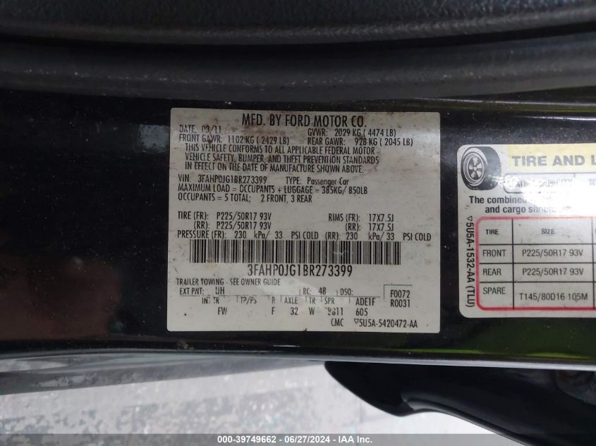 2011 Ford Fusion Sel VIN: 3FAHP0JG1BR273399 Lot: 39749662