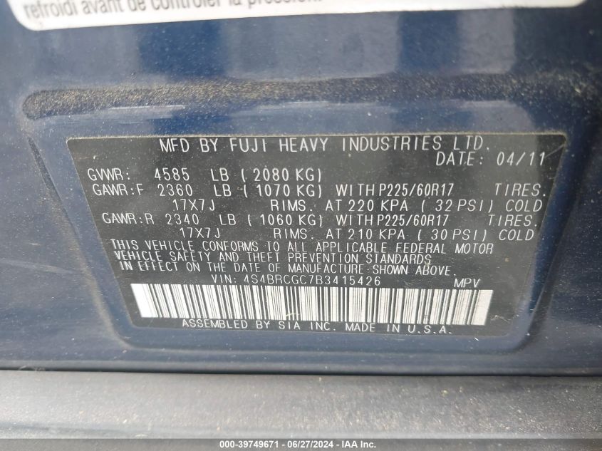 2011 Subaru Outback VIN: 4S4BRBGT7B3415426 Lot: 39749671
