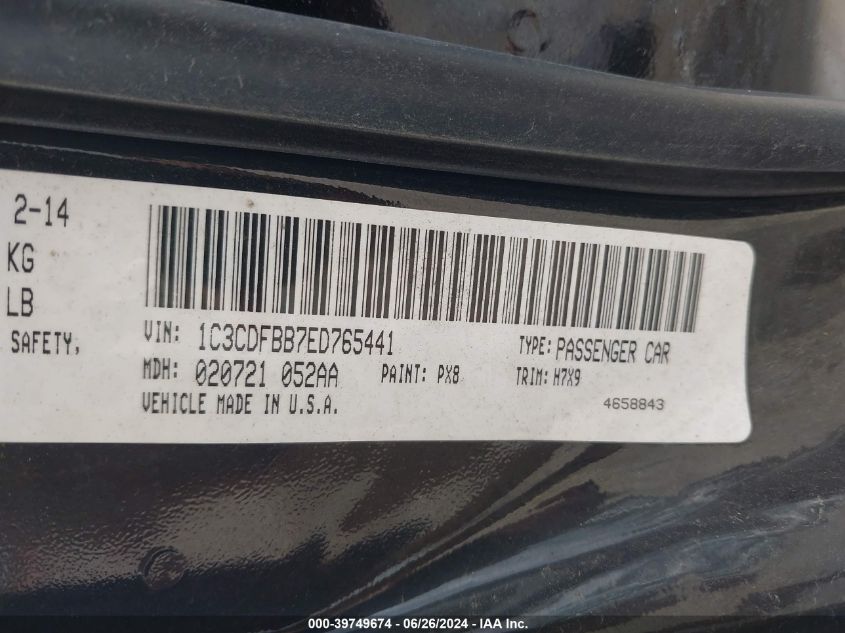 2014 Dodge Dart Sxt VIN: 1C3CDFBB7ED765441 Lot: 39749674