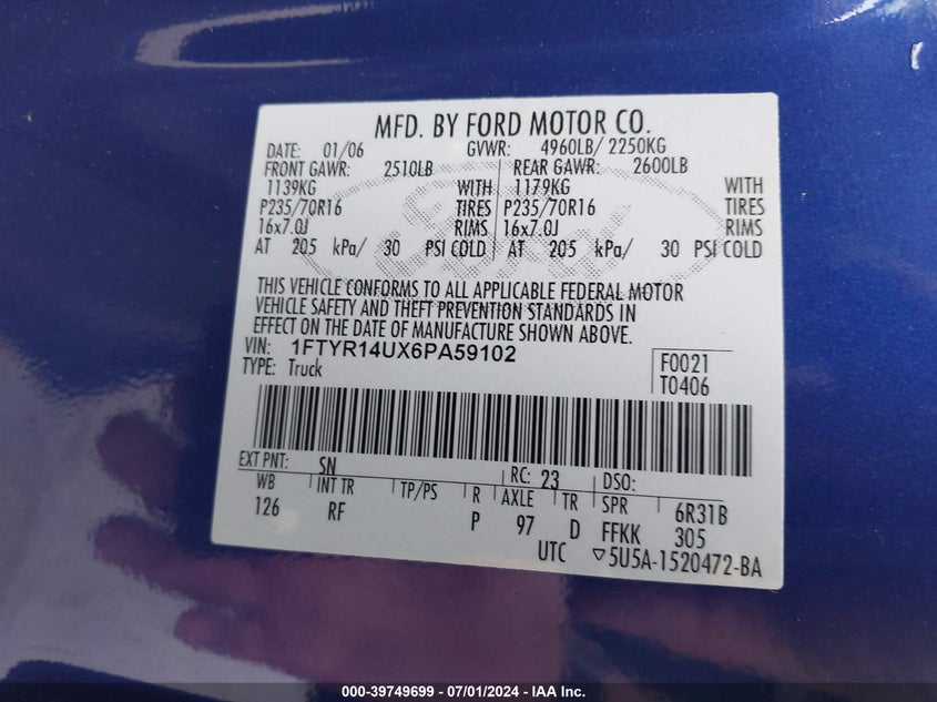 2006 Ford Ranger Sport/Stx/Xl/Xlt VIN: 1FTYR14UX6PA59102 Lot: 39749699