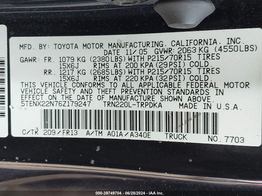 5TENX22N76Z179247 | 2006 TOYOTA TACOMA