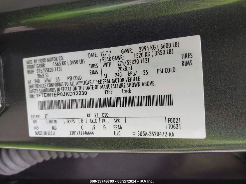 2018 Ford F-150 Xlt VIN: 1FTEW1EP0JKD12230 Lot: 39749709