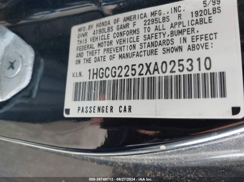 1999 Honda Accord Ex V6 VIN: 1HGCG2252XA025310 Lot: 39749713