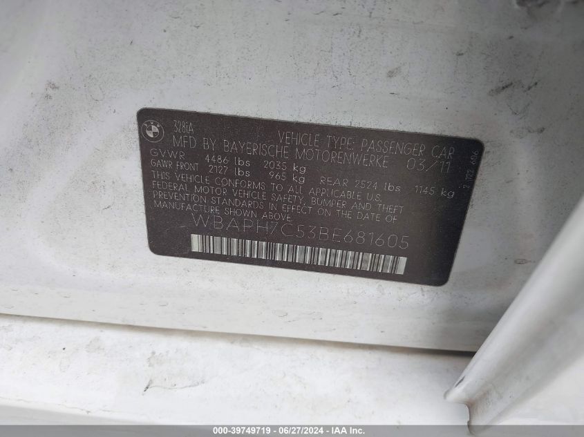 2011 BMW 328I I VIN: WBAPH7C53BE681605 Lot: 39749719