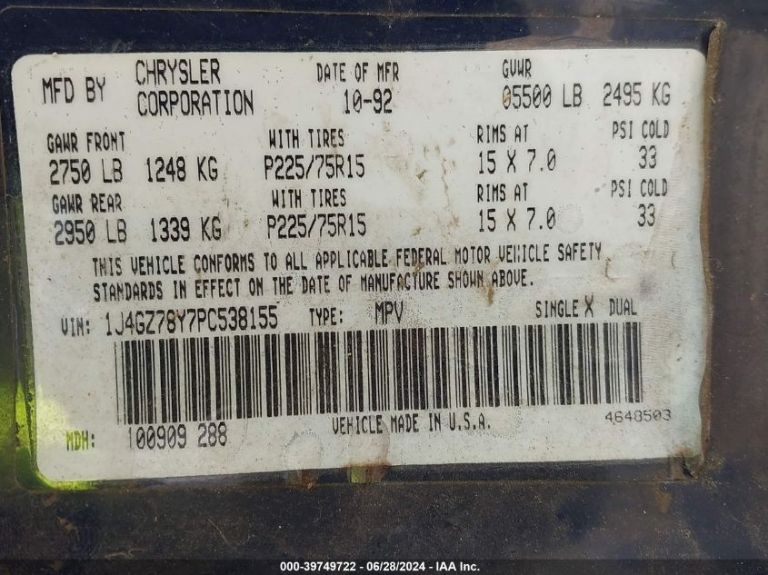 1993 Jeep Grand Cherokee Limited VIN: 1J4GZ78Y7PC538155 Lot: 39749722