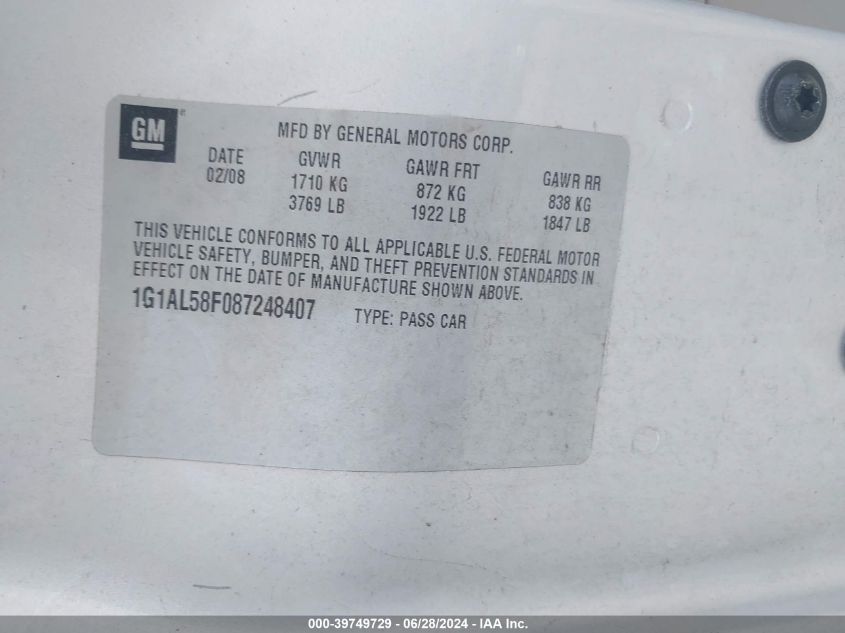 2008 Chevrolet Cobalt Lt VIN: 1G1AL58F087238407 Lot: 39749729