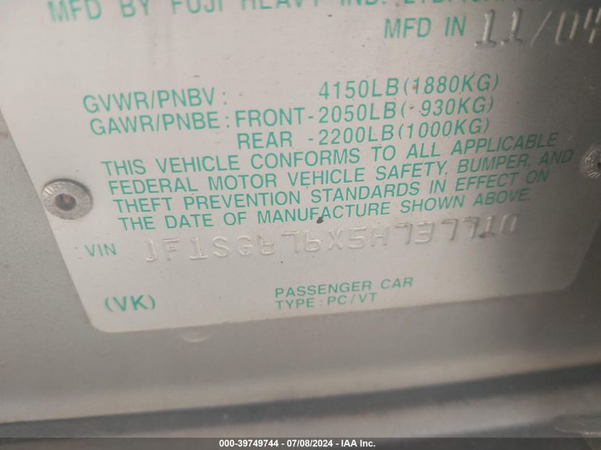 2005 Subaru Forester 2.5Xs L.l. Bean VIN: JF1SG676X5K737710 Lot: 39749744