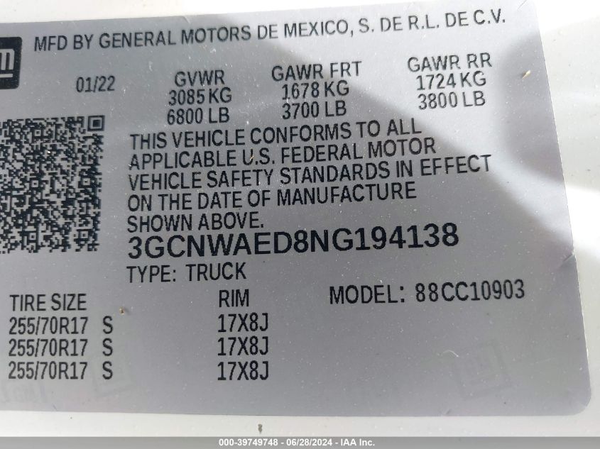 2022 Chevrolet Silverado 1500 Ltd 2Wd Regular Cab Long Bed Wt VIN: 3GCNWAED8NG194138 Lot: 39749748