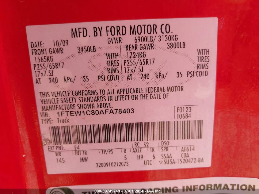 2010 Ford F-150 Xlt VIN: 1FTEW1C80AFA78403 Lot: 39749749