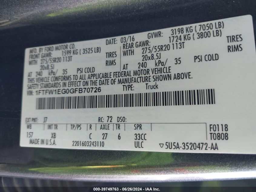 2016 Ford F150 Supercrew VIN: 1FTFW1EG0GFB7072 Lot: 39749763