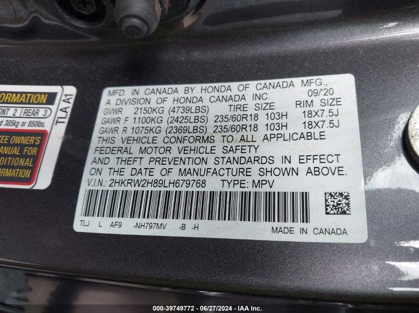 2020 Honda Cr-V Awd Ex-L VIN: 2HKRW2H89LH679768 Lot: 39749772