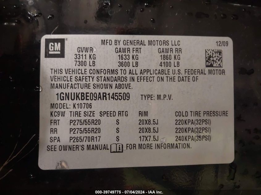 2010 Chevrolet Tahoe Lt VIN: 1GNUKBE09AR145509 Lot: 39749775