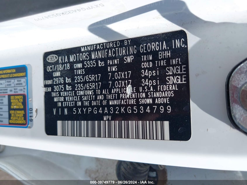 2019 Kia Sorento 2.4L Lx VIN: 5XYPG4A32KG534799 Lot: 39749779