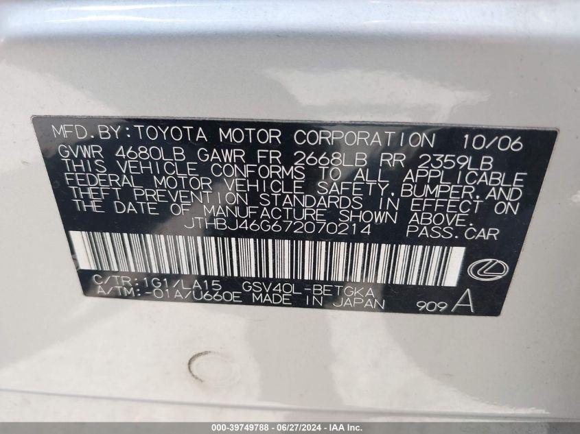 2007 Lexus Es 350 VIN: JTHBJ46G672070214 Lot: 39749788