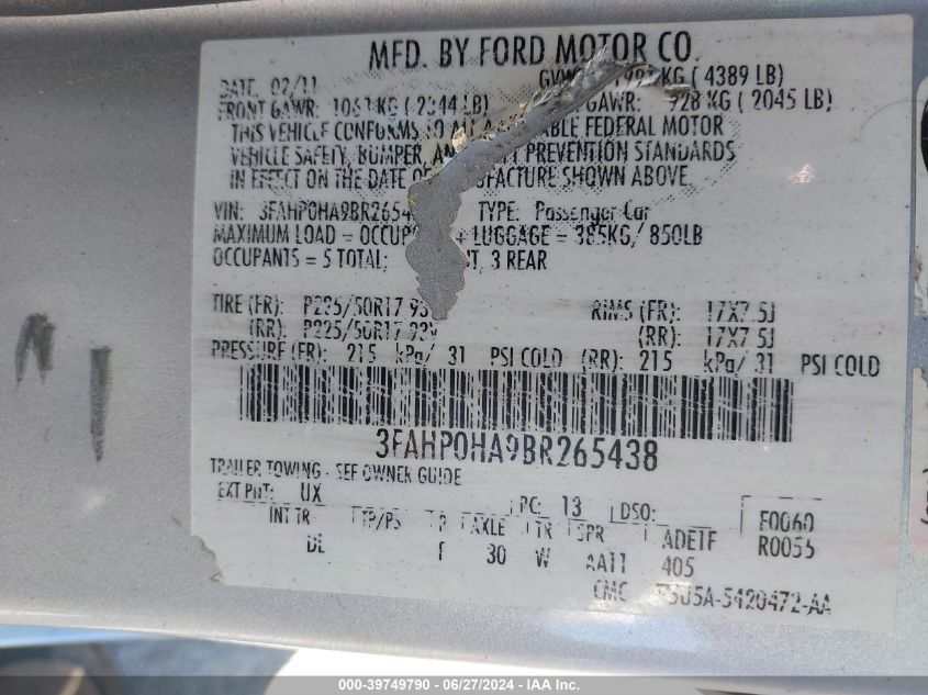 2011 Ford Fusion Se VIN: 3FAHP0HA9BR265438 Lot: 39749790
