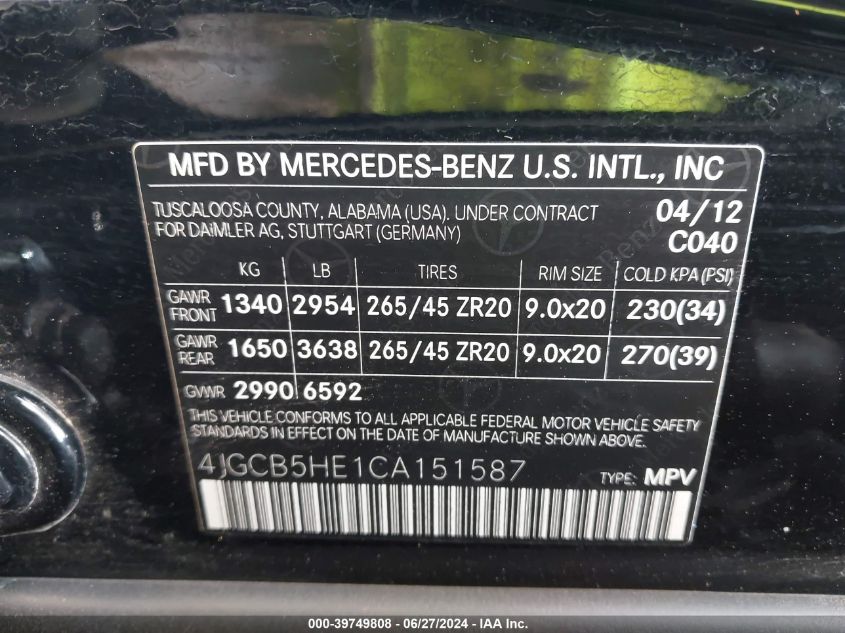 4JGCB5HE1CA151587 2012 Mercedes-Benz R 350 4Matic