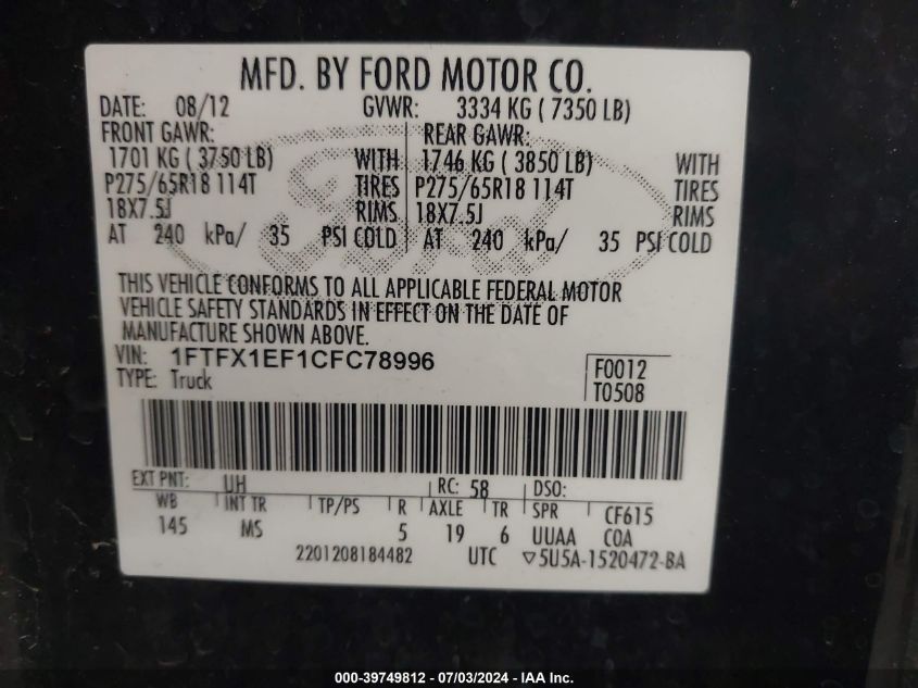 2012 Ford F150 Super Cab VIN: 1FTFX1EF1CFC78996 Lot: 39749812