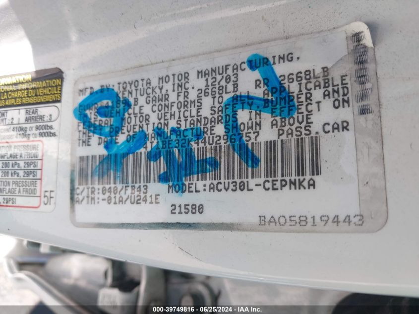 2004 Toyota Camry Le VIN: 4T1BE32K44U296757 Lot: 39749816