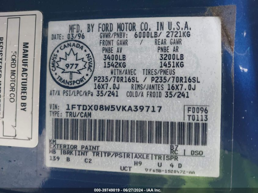 1997 Ford F150 VIN: 1FTDX08W5VKA39717 Lot: 39749819