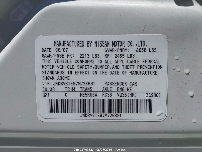 2007 Infiniti G35 Journey VIN: JNKBV61E97M726691 Lot: 39749823