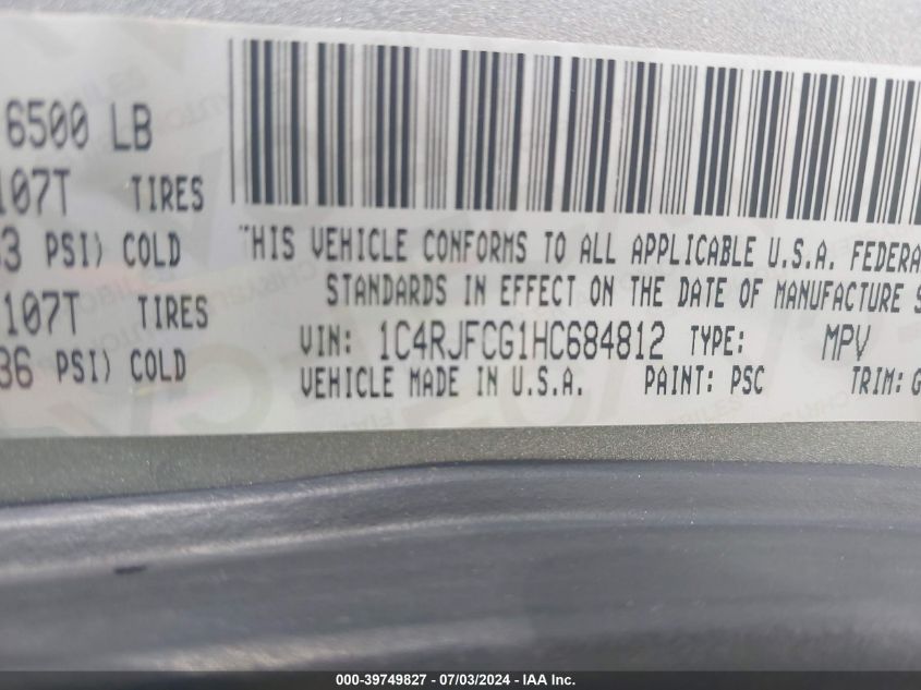2017 Jeep Grand Cherokee Overland 4X4 VIN: 1C4RJFCG1HC684812 Lot: 39749827