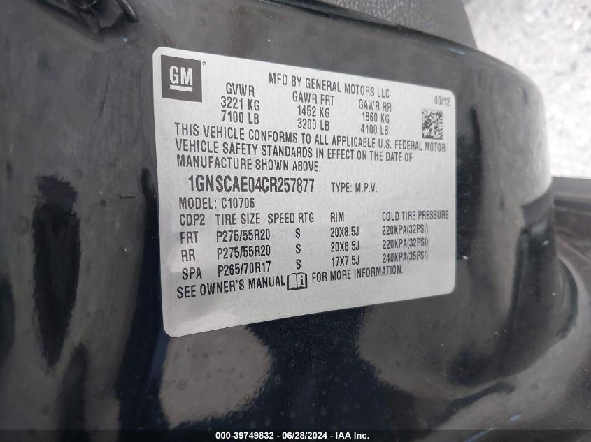 2012 Chevrolet Tahoe Ls VIN: 1GNSCAE04CR257877 Lot: 39749832