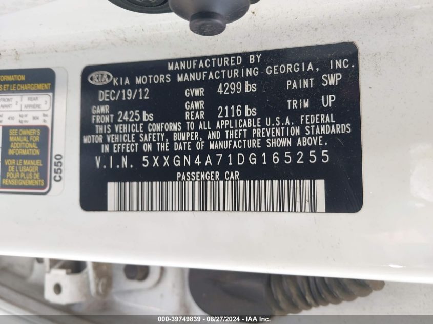 2013 Kia Optima Ex VIN: 5XXGN4A71DG165255 Lot: 39749839