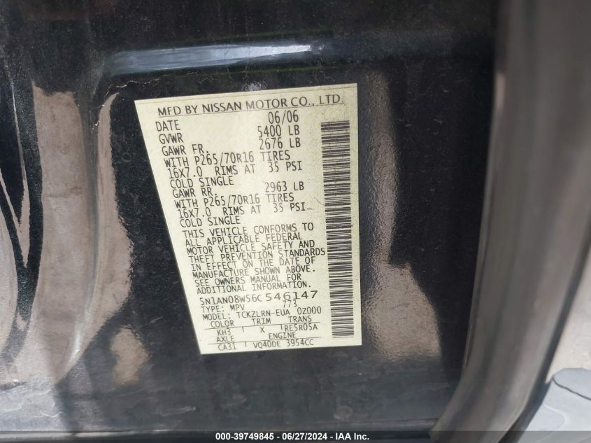 2006 Nissan Xterra Off Road/S/Se VIN: 5N1AN08W56C546147 Lot: 39749845