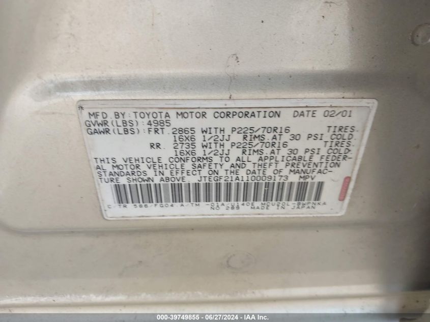 2001 Toyota Highlander V6 VIN: JTEGF21A110009173 Lot: 39749855