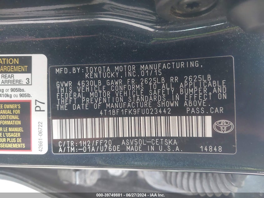 2015 Toyota Camry Le/Xle/Se/Xse VIN: 4T1BF1FK9FU023442 Lot: 39749881