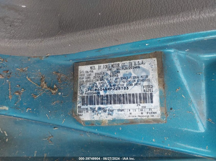 1994 Ford Mustang VIN: 1FALP4046RF228703 Lot: 39749904